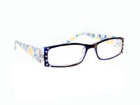 A pair of glasses with blue and yellow designs on them.