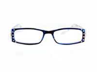 A pair of glasses with blue frames and white dots.