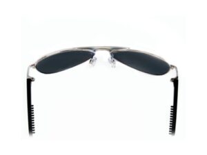 A pair of sunglasses with black frames and white lenses.