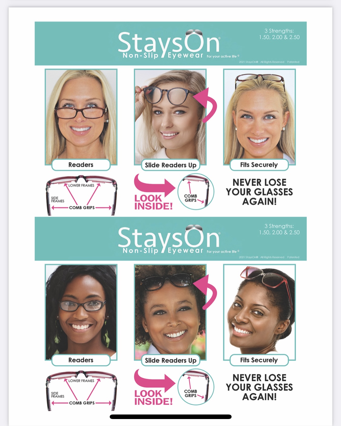 Ad of StaysOn nonslip eyewear