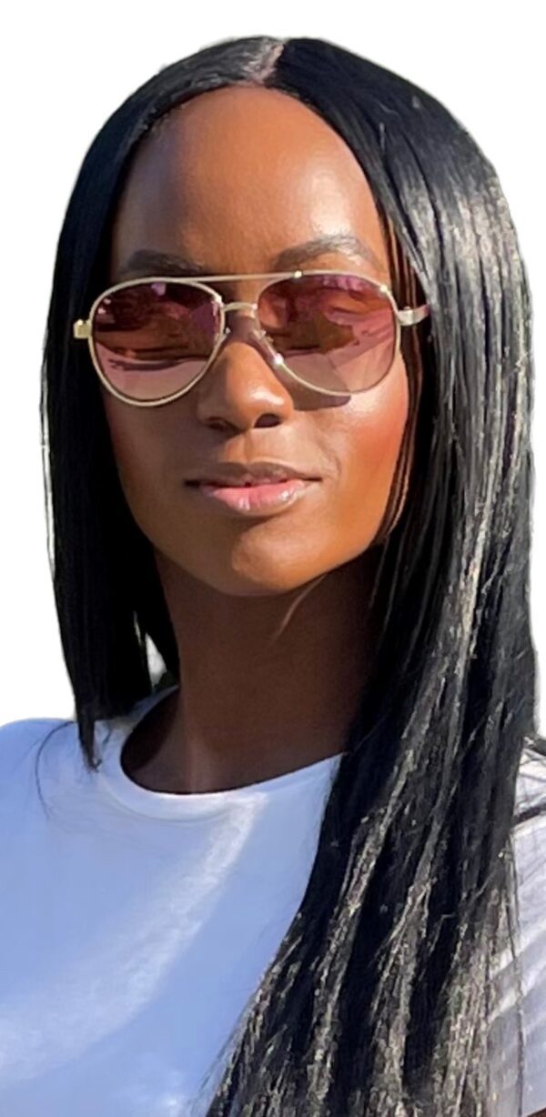 A woman with long black hair wearing sunglasses.