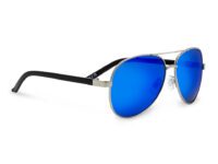 A pair of sunglasses with blue lenses on top of a white background.