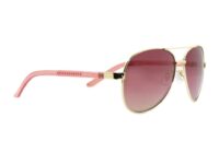 A pair of pink sunglasses with gold frames.