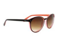 A pair of sunglasses with orange and black frames.