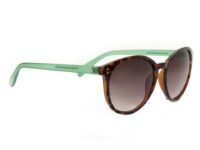 A pair of sunglasses with green frames and brown lenses.