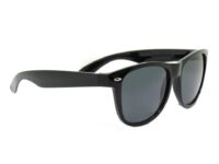 A pair of black sunglasses with dark lenses.