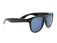 A pair of sunglasses with blue mirrored lenses.