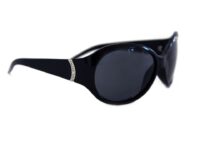 A pair of sunglasses with black frames and a diamond on the side.