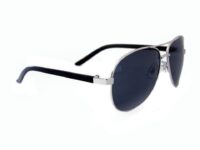 A pair of sunglasses with black and silver frames.