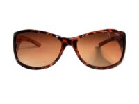 A pair of sunglasses with brown frames and an orange lens.