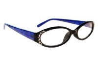 A pair of glasses with blue frames and clear lenses.
