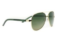 A pair of sunglasses with green lenses and gold frames.