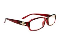 A pair of red glasses with gold accents.