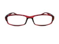 A pair of red glasses with black frames.