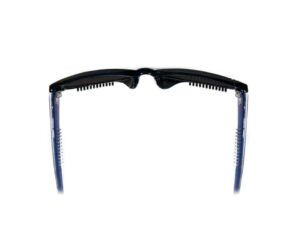 A pair of sunglasses with blue frames and black temples.
