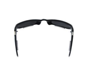 A pair of sunglasses with a black frame and a mirror.