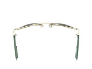 A pair of glasses with green frames and gold rims.