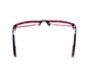 A pair of glasses with red frames and black rims.