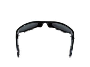 A pair of sunglasses with black frames and a lens.