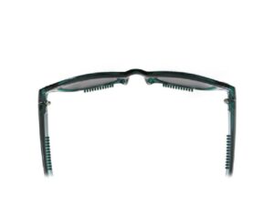 A pair of glasses with green frames and black lenses.