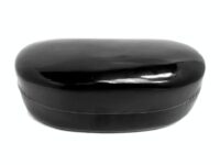 A black plastic container sitting on top of a white table.