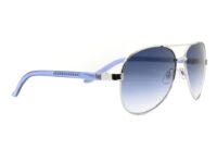 A pair of sunglasses with blue frames and a white rim.