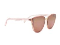 A pair of sunglasses with pink frames and a brown lens.