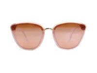 A pair of pink sunglasses with gold frames.
