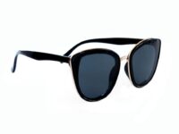 A pair of sunglasses with black frames and gold rims.