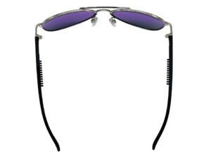 A pair of sunglasses with purple lenses and black frames.