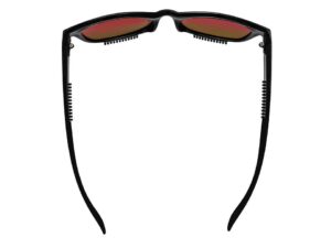 A pair of sunglasses with red lenses and black frames.