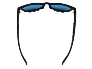 A pair of sunglasses with blue lenses and black frames.