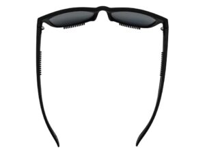 A pair of sunglasses with black frames and dark lenses.