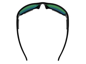 A pair of sunglasses with green mirrored lenses.