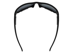 A pair of sunglasses with black frames and dark lenses.