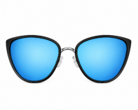 Black cat-eye sunglasses with blue mirrored lenses