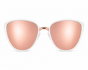 White cat-eye sunglasses with rose gold lenses