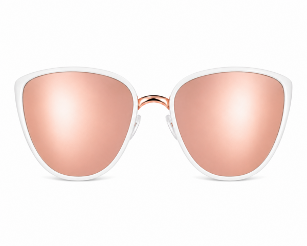 White cat-eye sunglasses with rose gold lenses