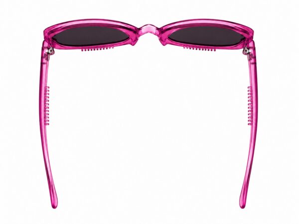 Pink translucent oval sunglasses with dark lenses